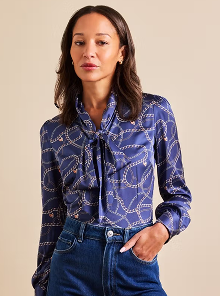 Navy & White Chains Pussybow Blouse