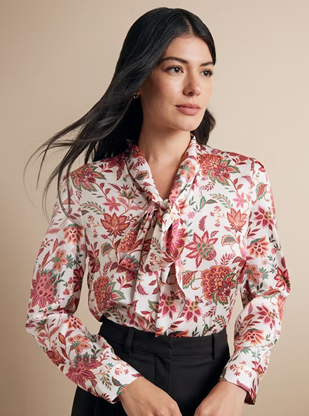 Relaxed Fit White & Pink Floral Pussybow Blouse