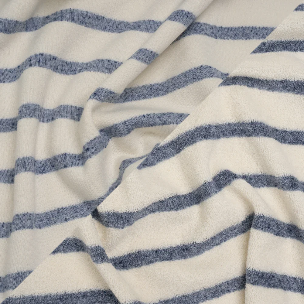 Image of Plush Cotton Blend French Terry - Muted Blue and Off White Stripes - Deadstock