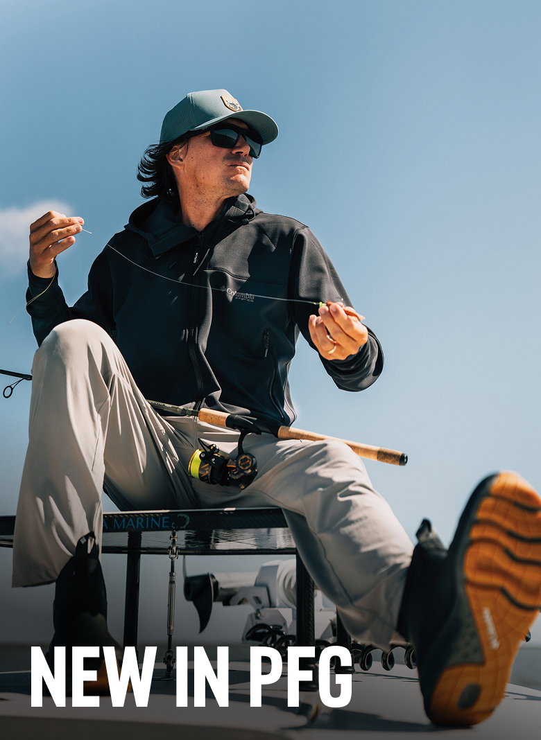 An angler sitting on a skiff with text: NEW IN PFG