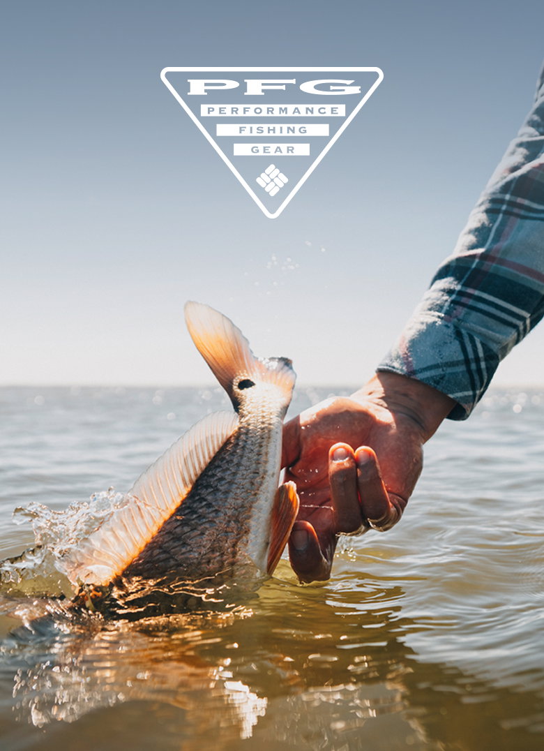 A hand holding a fish in the ocean with text the PFG logo