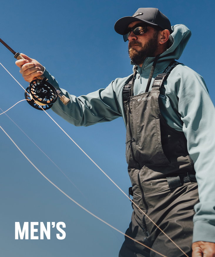 An angler holding a fishing rod against a blue sky with text: MEN'S