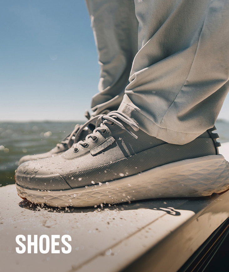 Close-up of gray deck shoes with text: SHOES