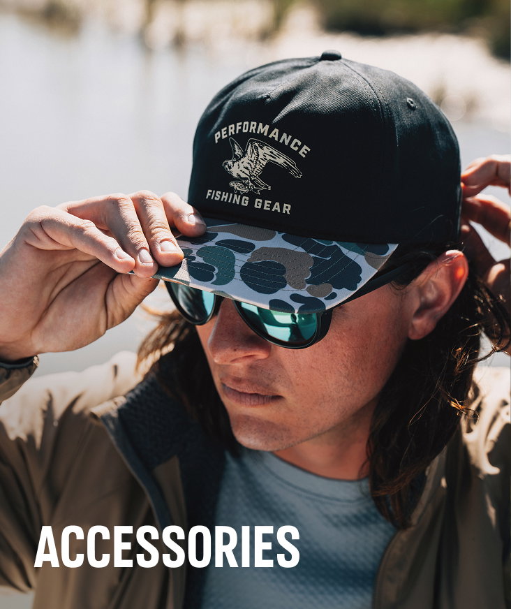 A man wearing a PFG ball cap with text: ACCESSORIES