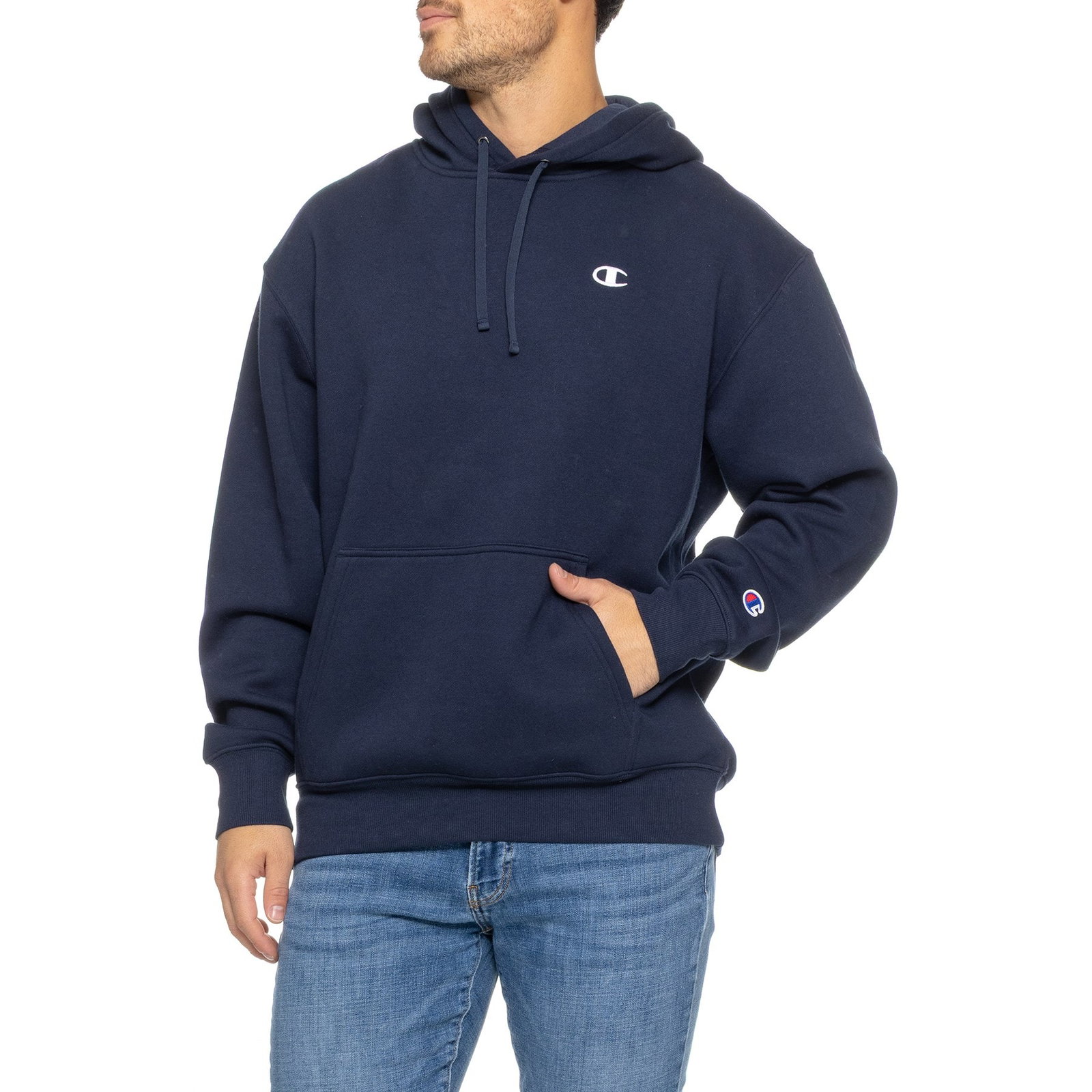 Champion C Embroidered Icon Fleece Hoodie for Men | Navy Blue | Size Large | Cotton
