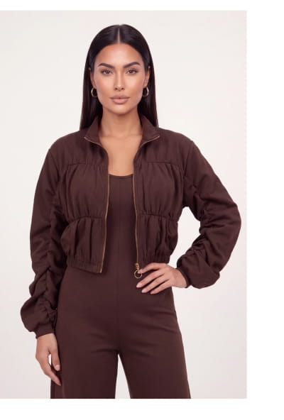 Shop O Ring Metallic Zip Front Side Ruched Bomber Jacket
