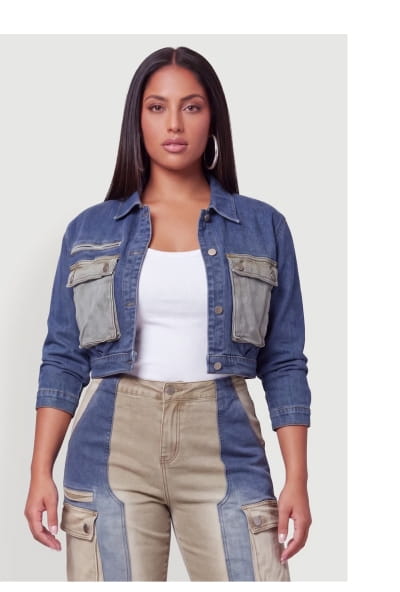 Shop Plus Size Color Blocked Utility Cropped Denim Jacket