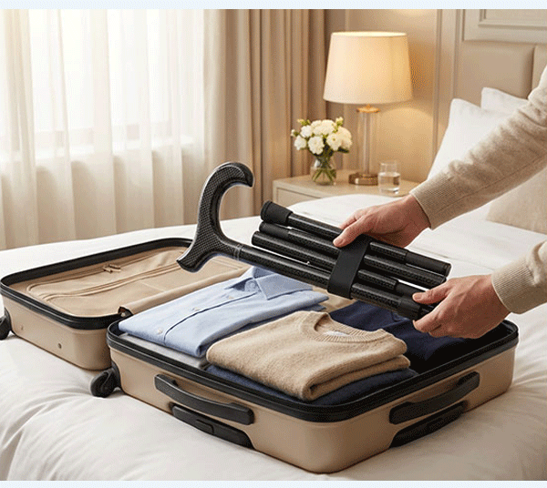 woman putting folding cane her in suitcase