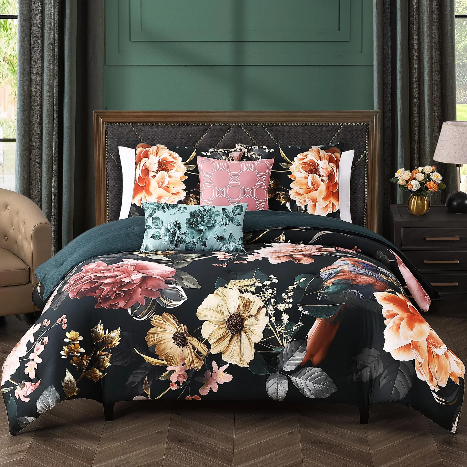 Botanical Birds 5 Piece Reversible Comforter Set