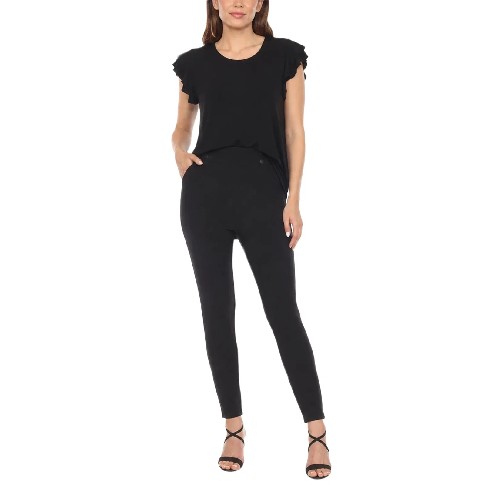 Image of Women's Flutter Sleeve Top and Scuba Pants Set - Black