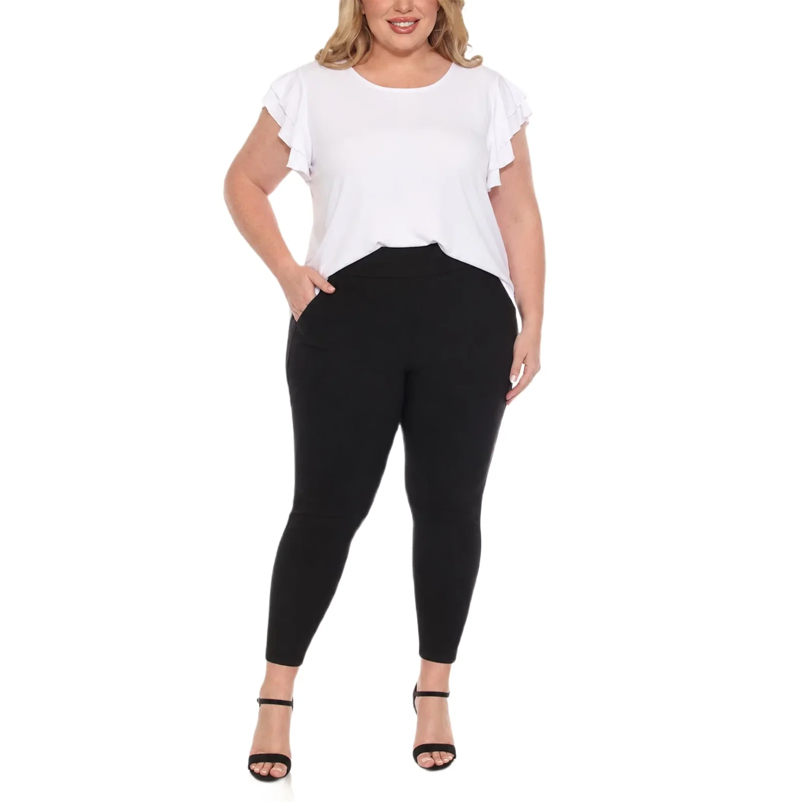 Image of Plus Flutter Sleeve Top and Scuba Pants Set - White - Plus