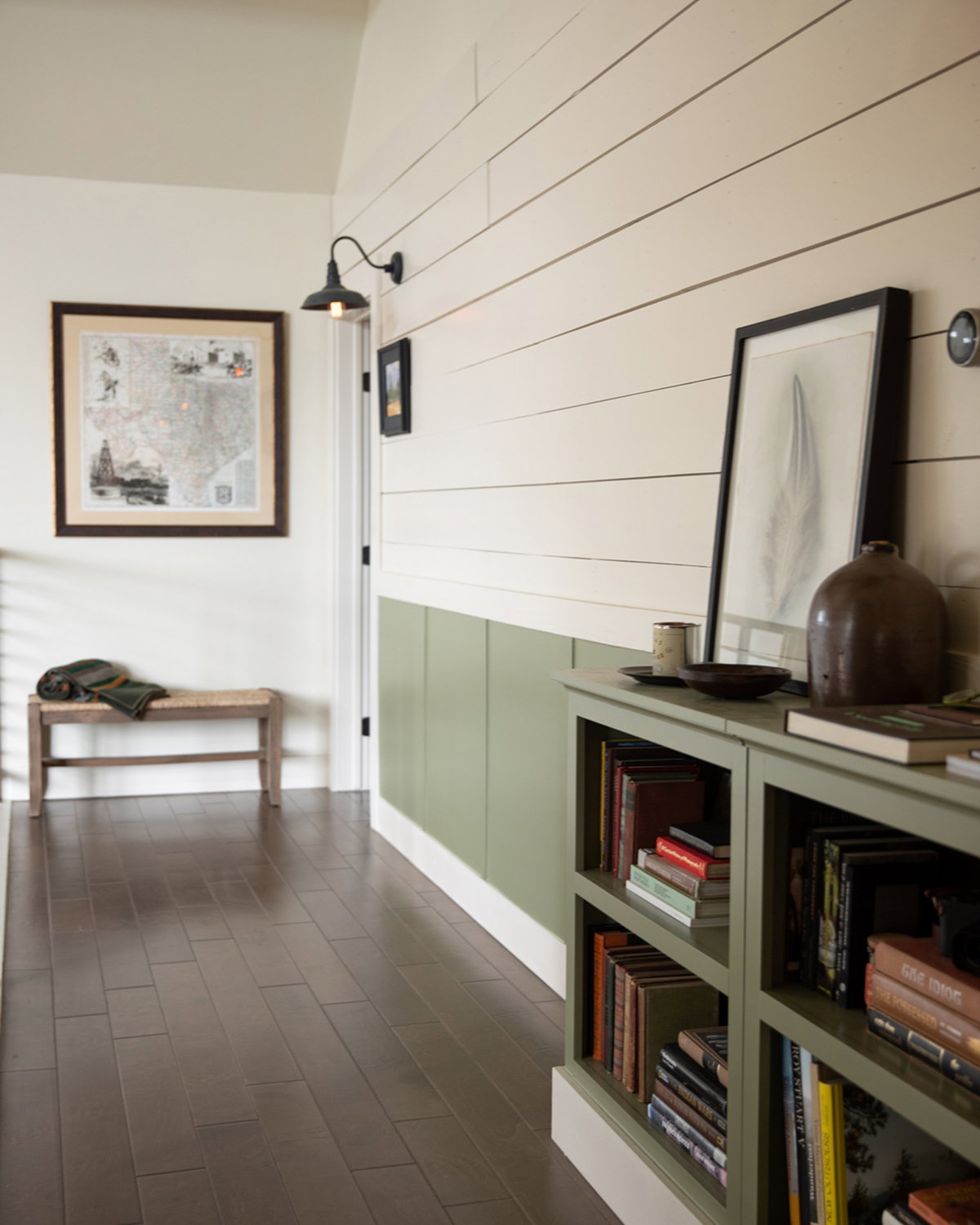 Hallway featuring Farrow & Ball Lime White walls with Olive panelled woodwork, showcasing a warm and natural colour palette.