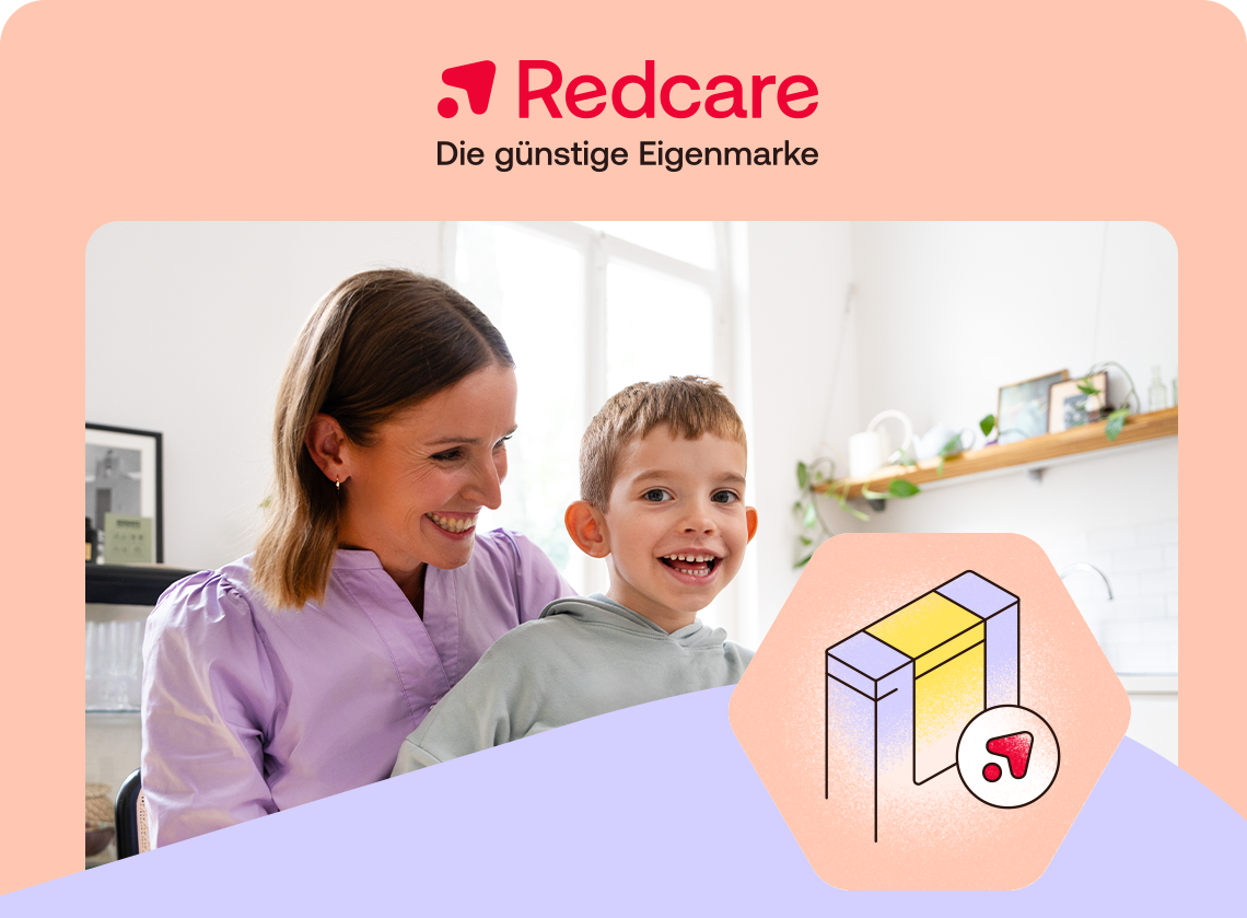 Redcare Eigenmarke für Gesundheit und Wohlbefinden, präsentiert mit einer Mutter und ihrem Kind.