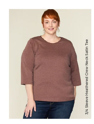 Women 3/4 Sleeve Heathered Crew Neck Satin Trim Perfect Tee