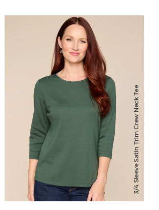 Missy 3/4 Sleeve Satin Trim Crew Neck Perfect Tee