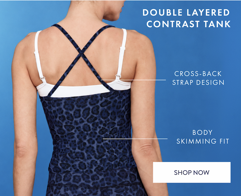 DOUBLE LAYERED CONTRAST TANK CROSS BACK STRAP DESIGN BODY SKIMMING FIT SHOP NOW
