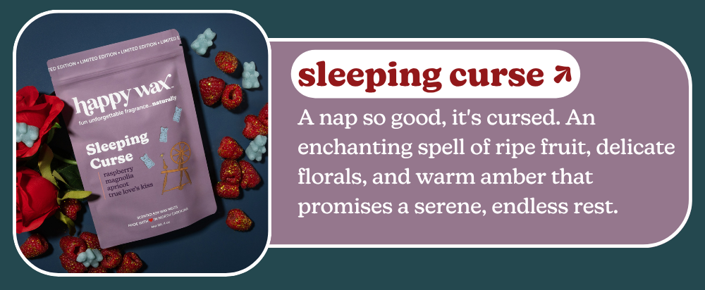 sleeping curese: A nap so good, it's cursed. An enchanting spell of ripe fruit, delicate florals, and warm amber that promises a serene, endless rest.