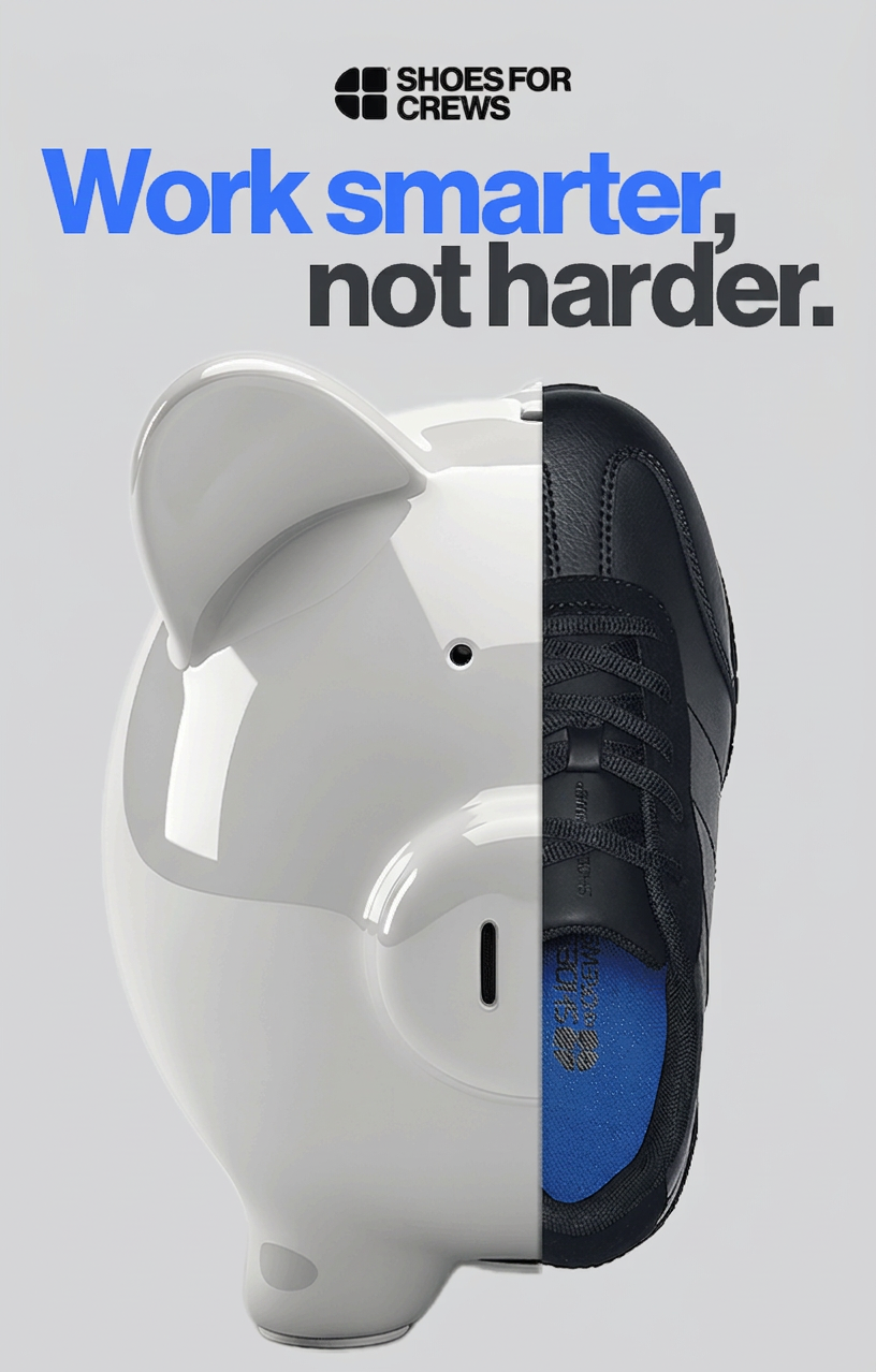 A piggy bank merged with a shoe, with text "Work smarter, not harder."