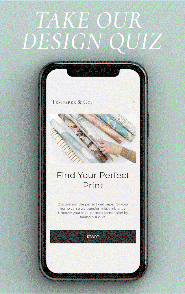 Gif image with a cell phone scrolling through Tempaper's Design Quiz. Text above "Take our Design Quiz"