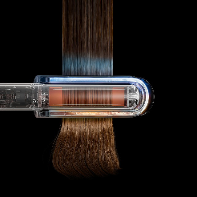 Cutaway showing the flexing plates on the Dyson Corrale CoolShine hair straightener.