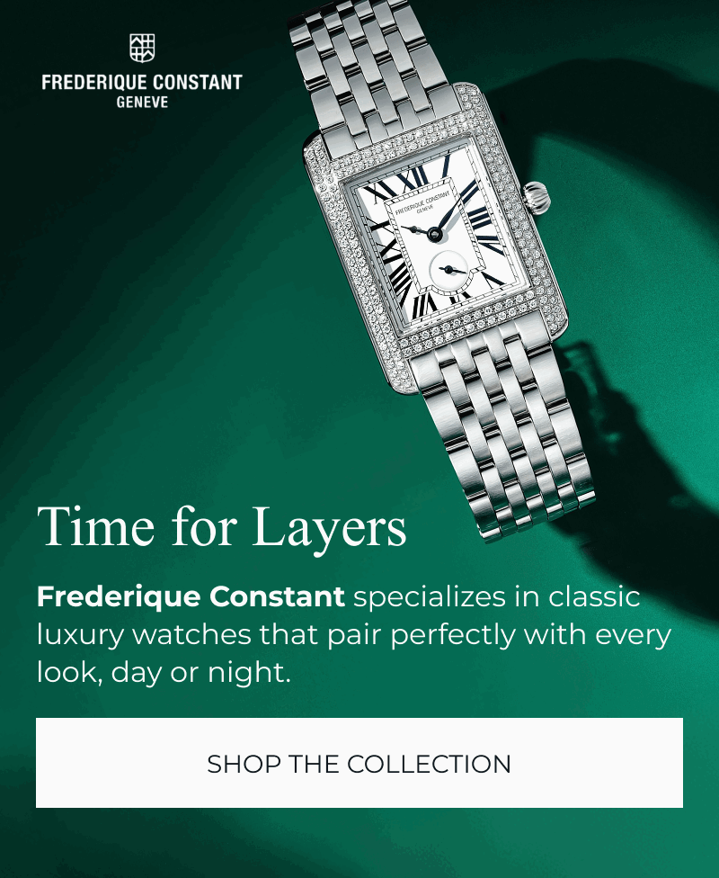 Silver and diamond Frederique Constant watch. Time for layers. Click to Shop Frederique Constant Watches