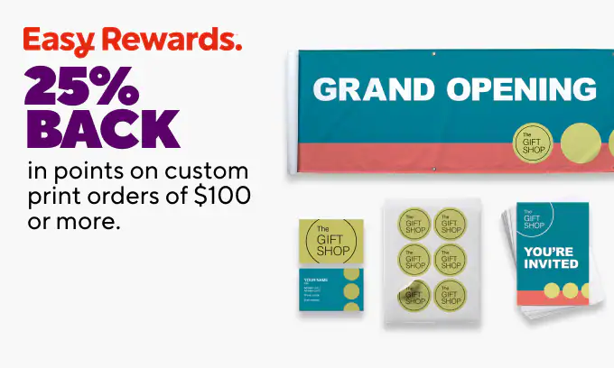 Print. Promote. Bring them in.
25% back in points on custom print orders of $100 or more
40% off custom cards, invites, wrapping paper, photo gifts and labels
Starting at $19.99 for inflated balloon bouquets