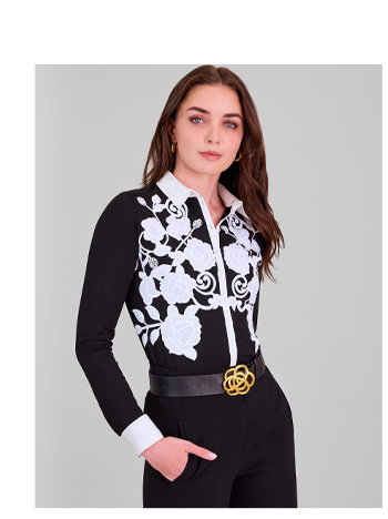 Black Pima Jersey Shirt With White Floral Applique