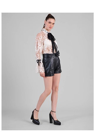 White Semi-sheer Embroidered Lace Shirt With Removable Ties
