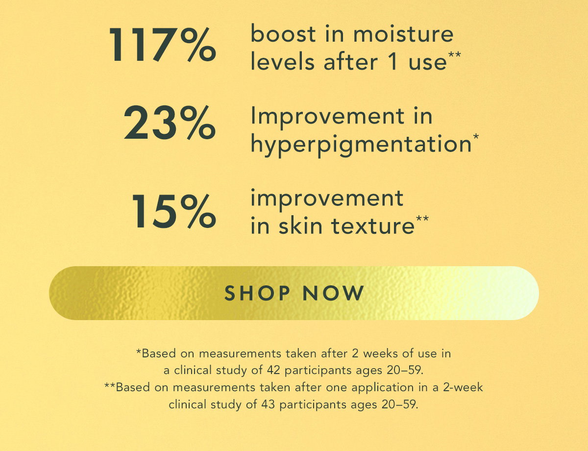 117% boost in moisture levels after 1 use** 23% improvement in hyperpigmentation* 15% improvement in skin texture**  *Based on measurements taken after 2 weeks of use in a clinical study of 42 participants ages 20–59. **Based on measurements taken after one application in a 2-week clinical study of 43 participants ages 20–59. Shop Now.