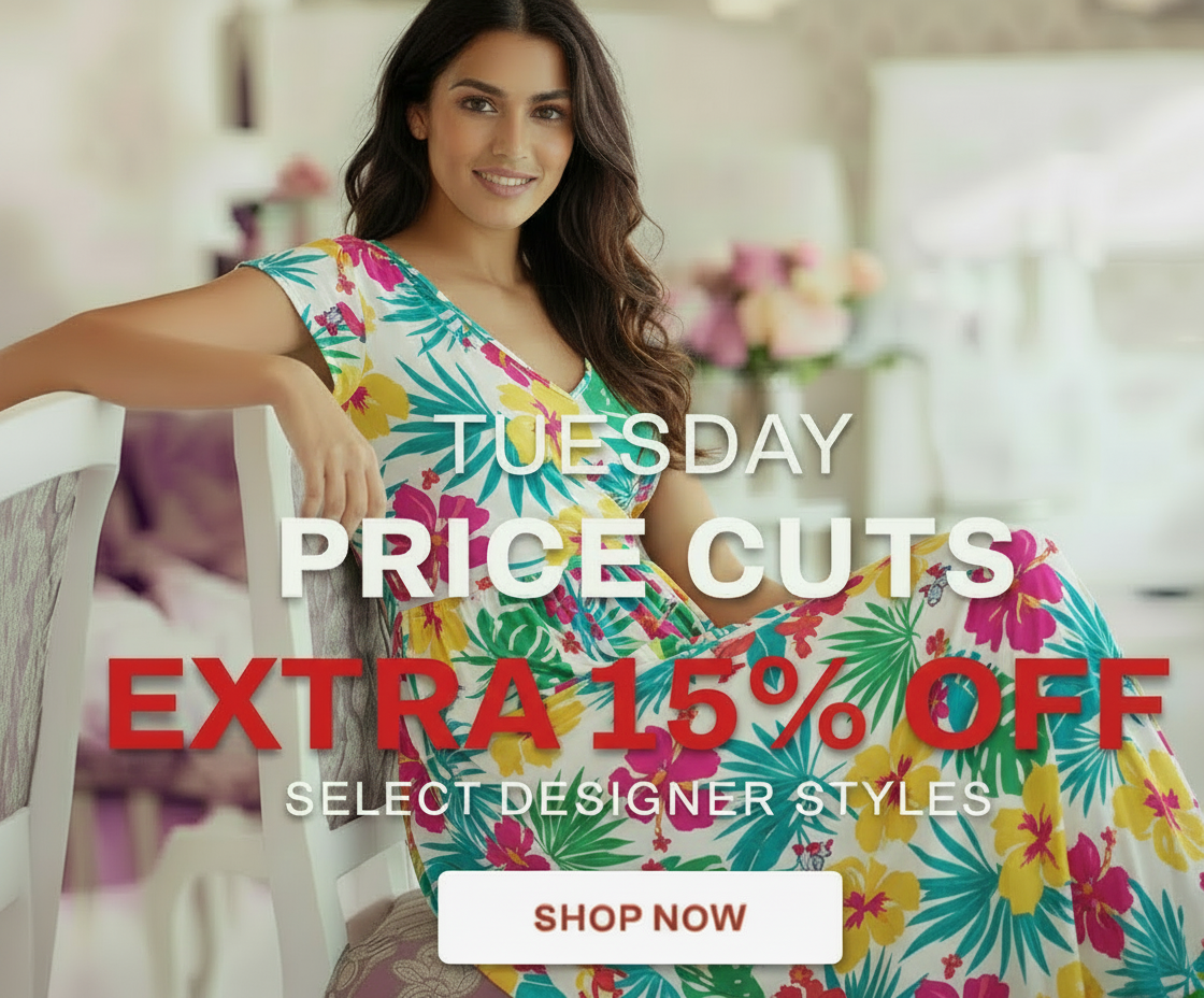Woman in floral dress with "Tuesday Price Cuts Extra 15% Off" text.