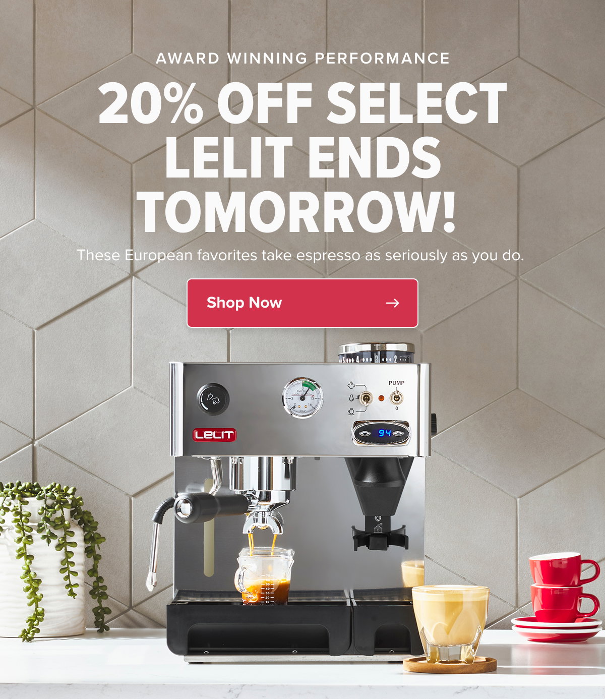 AWARD WINNING PERFORMANCE 20% OFF SELECT LELIT ENDS TOMORROW!  These European favorites take espresso as seriously as you do.  Shop Now