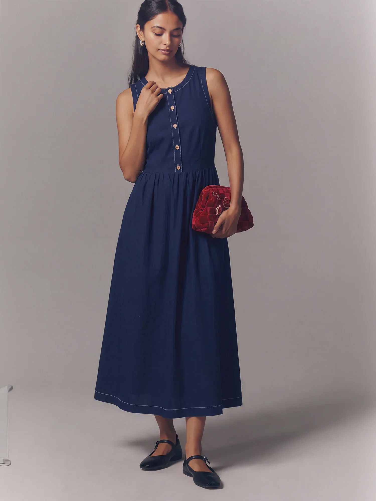 Image of Sleeveless Button Front Denim A Line Maxi Dress