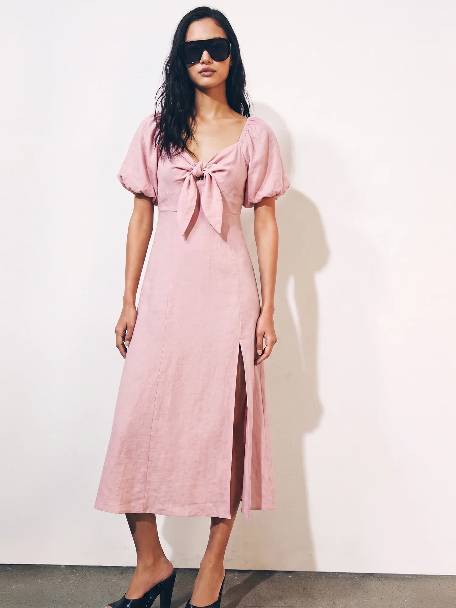 Image of Puff Sleeve Tie Knot Slit Midi Dress