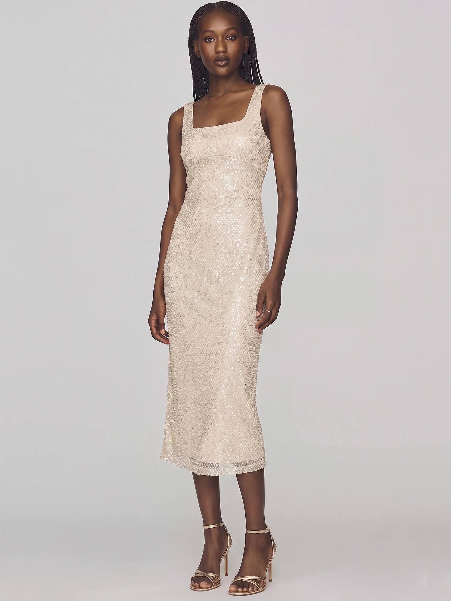 Image of Sleeveless Sequin Mesh Square Neck Bodycon Midi Dress