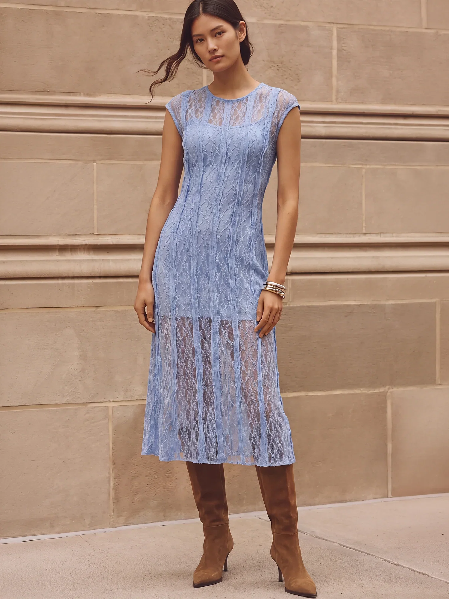 Image of Sleeveless Lace Overlay Midi Dress