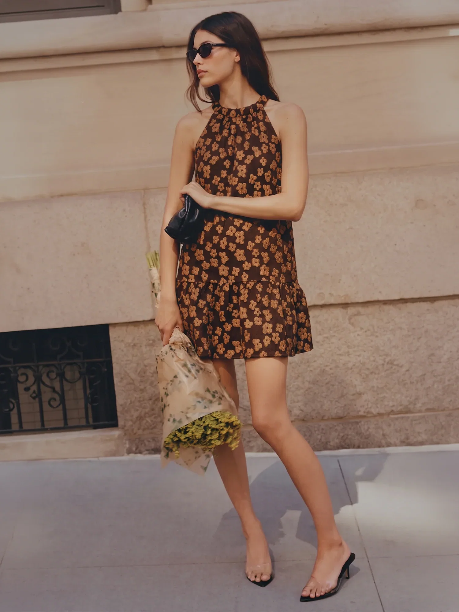 Image of Halter Floral Jacquard Shift Mini Dress