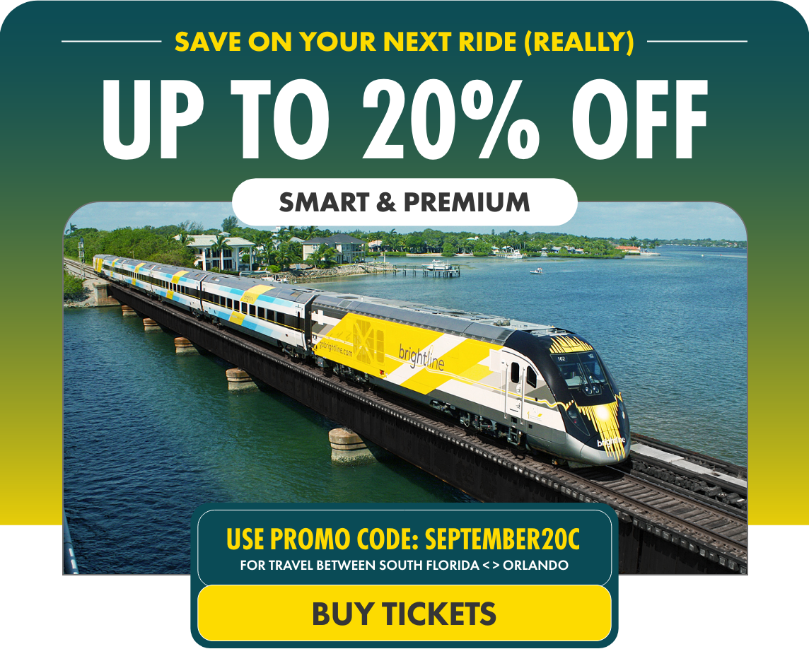 Promotional graphic advertising up to 20% off Brightline train tickets. A modern yellow and white Brightline train travels across a bridge over water with a coastal town in the background. Text highlights SMART & PREMIUM fares and a promo code SEPTEMBER20C for travel between South Florida and Orlando.