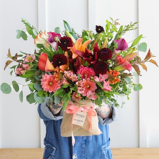 Fall bouquet with Dahlias, Celosia and alstroemeria.