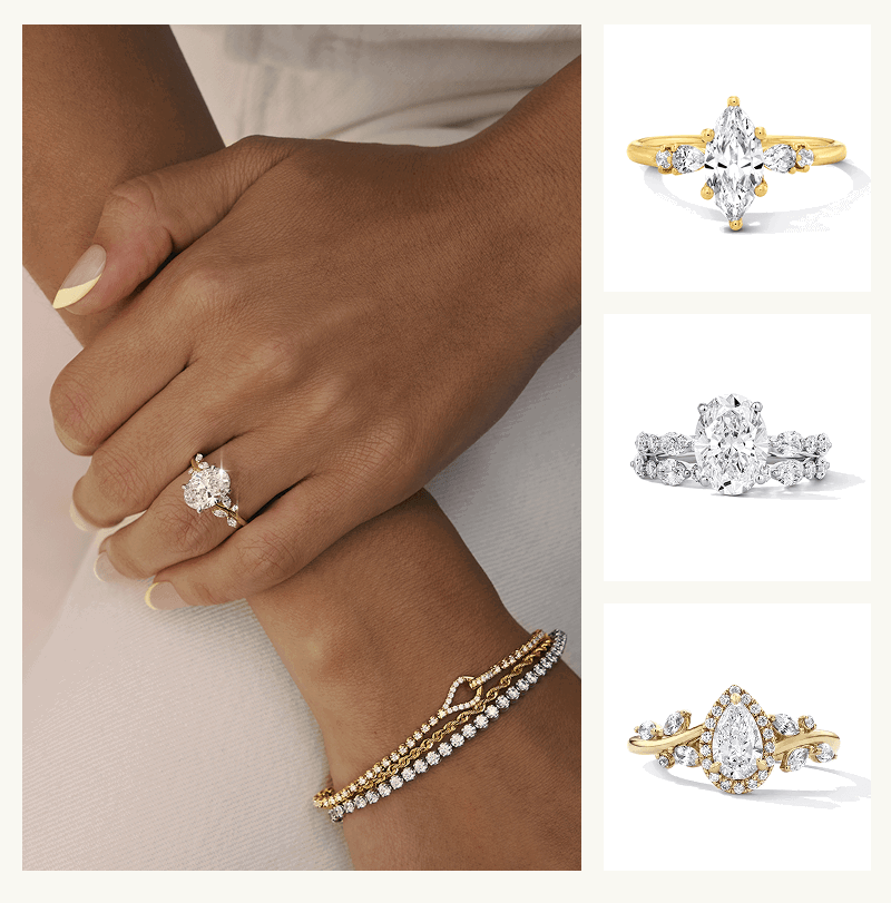 Model wearing stacked gold & diamond bracelets & rings & product shots of marquise, oval & pear solitaires on bands. 