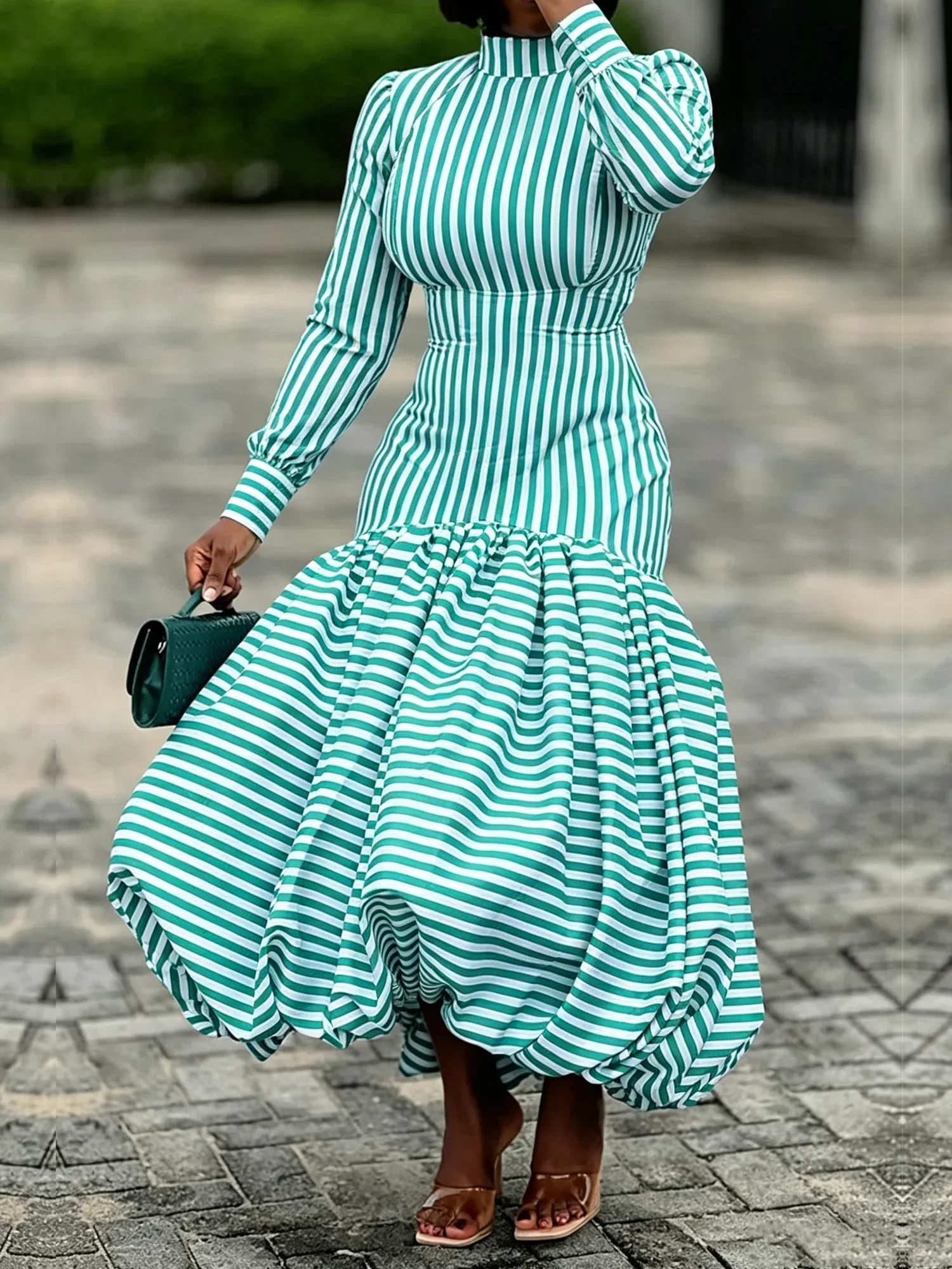 Micro-Elasticity Elegant Striped Stand Collar Maxi Dress