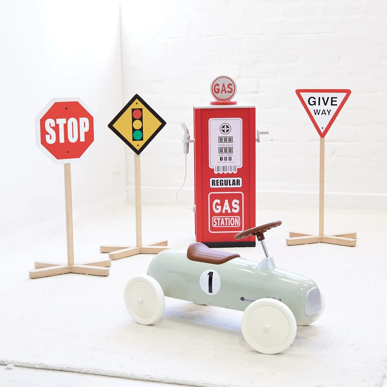 Image of Vintage Ride-on Racer, Petrol Pump & Road Signs Bundle