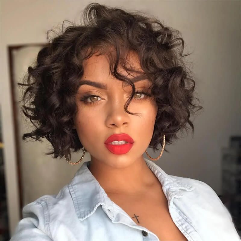 Glueless Brown Curly Bob Wigs With Bangs Pre Cut Lace Human Hair Wigs