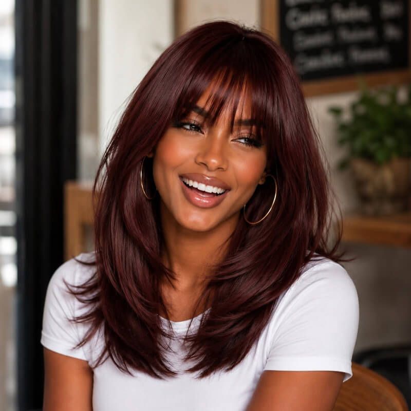 Deep Burgundy Brown Layered Straight with Bangs Natural Hairline Glueless Human Hair Wigs for African American Women Daily Style