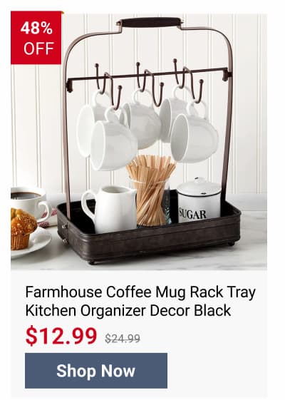 Farmhouse Coffee Mug Rack Tray Kitchen Organizer Decor Black