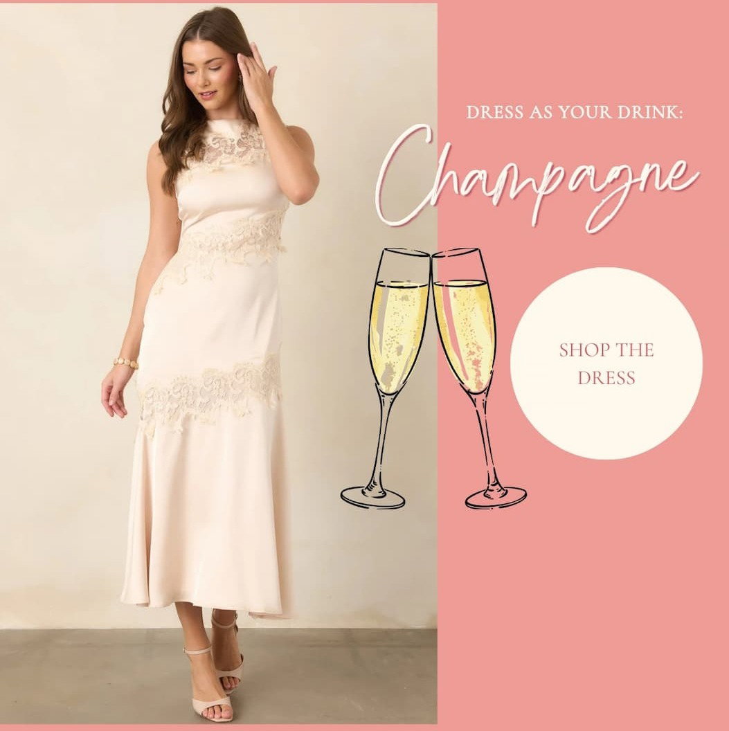 Model wearing a Champagne Satin Lace Trim Midi Dress. Shop the dress.
