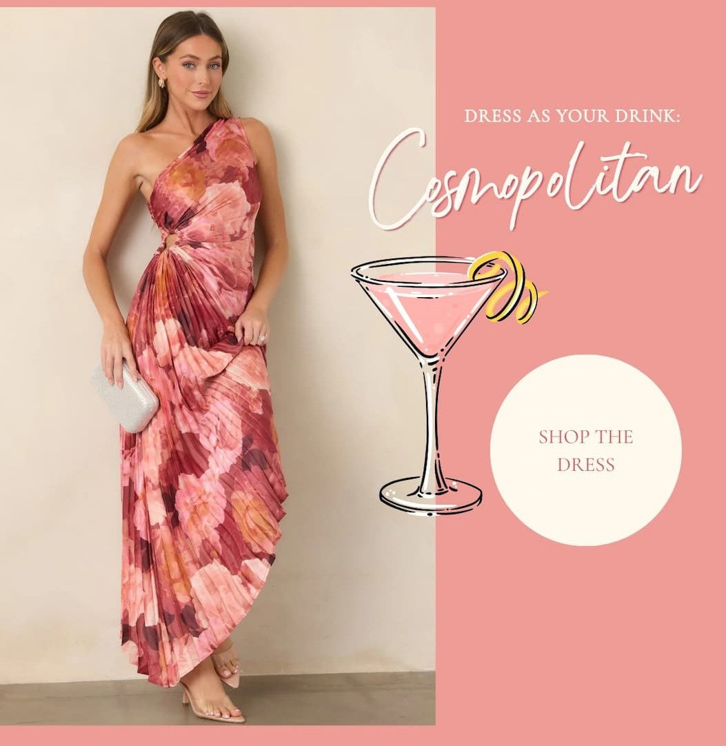 Model wearing a Pink Floral One Shoulder Pleated Satin Maxi Dress. Shop the dress.