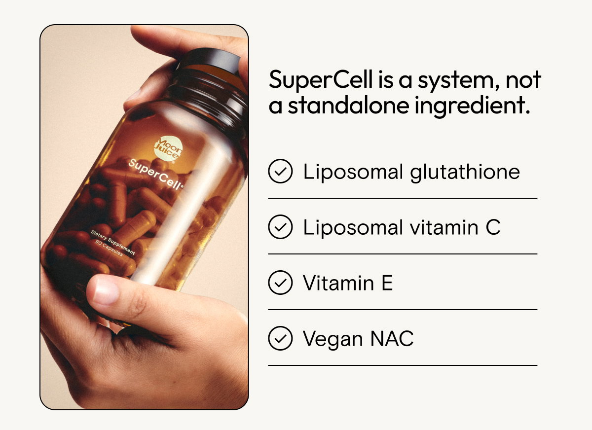 SuperCell is a system, not a standalone ingredient. Liposomal glutathione. Liposomal vitamin C. Vitamin E. Vegan NAC.