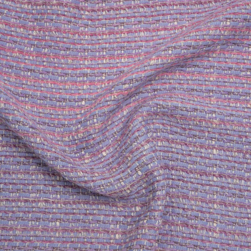 Image of Wool Blend Tweed Woven Made in Italy - Lavender, Baby Blue and Orchid Pink Stripes
