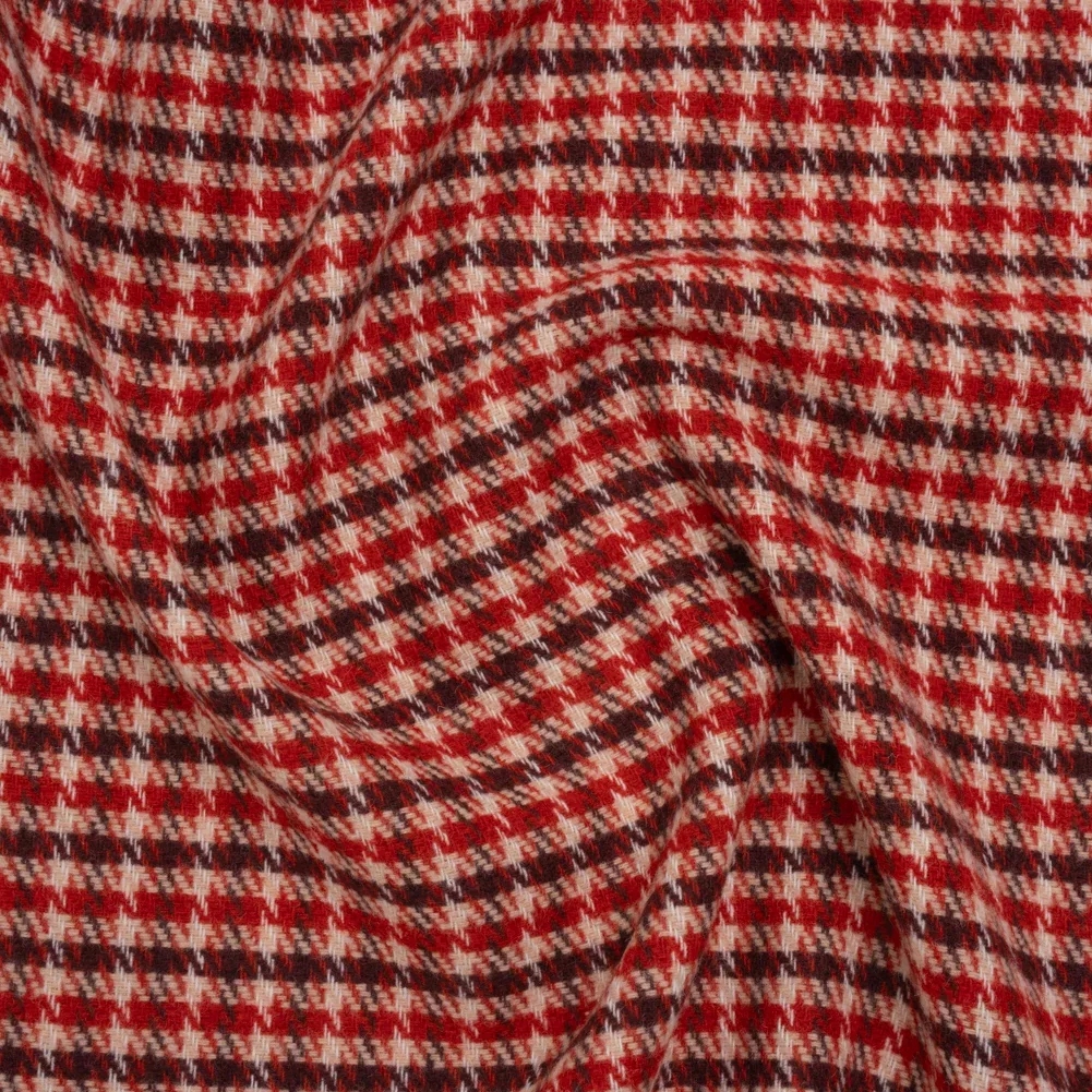 Image of Wool Blend Tweedy Twill - Red, Burgundy and Ivory Houndstooth Plaid