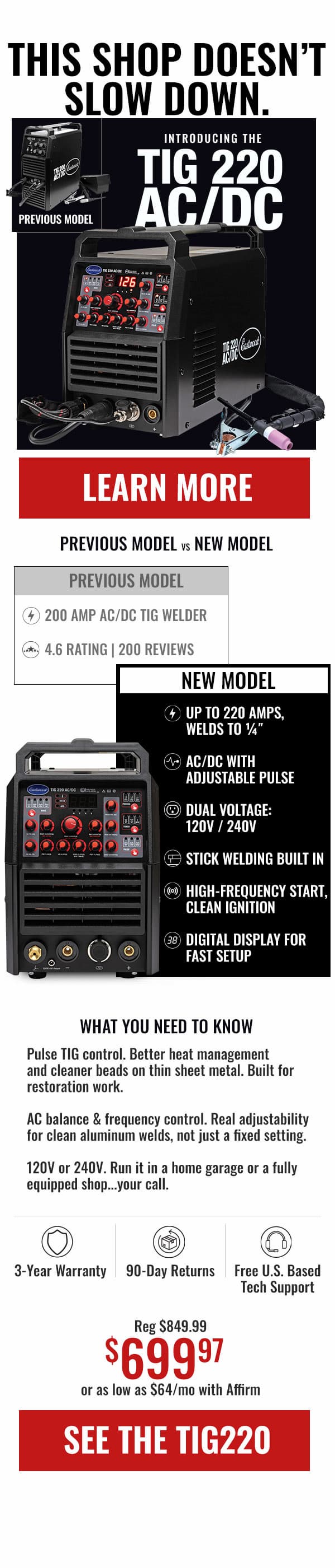 Eastwood TIG 220 AC/DC welder with 220-amp output, pulse control, and 120V/240V operation.
